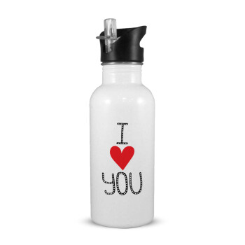 I Love You small dots, White water bottle with straw, stainless steel 600ml