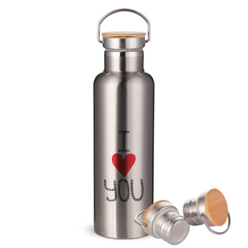 I Love You small dots, Stainless steel Silver with wooden lid (bamboo), double wall, 750ml