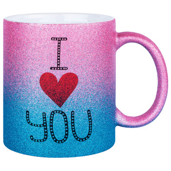 I Love You small dots, Κούπα Χρυσή/Μπλε Glitter, κεραμική, 330ml