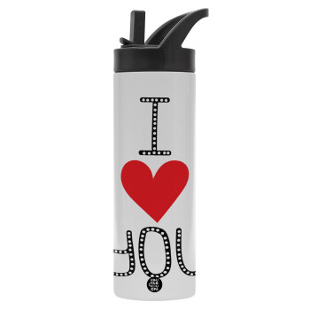 I Love You small dots, Metallic thermos bottle with straw & handle, stainless steel (Stainless steel 304), double-walled, 600ml.