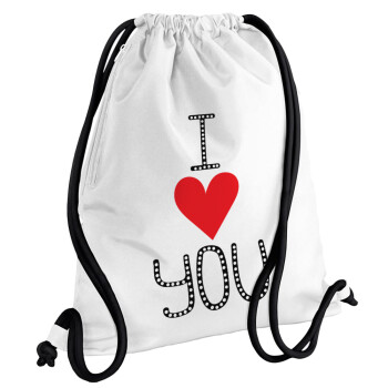 I Love You small dots, Τσάντα πλάτης πουγκί GYMBAG λευκή, με τσέπη (40x48cm) & χονδρά κορδόνια