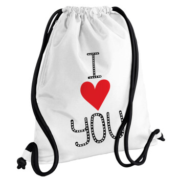 I Love You small dots, Backpack pouch GYMBAG white, with pocket (40x48cm) & thick cords