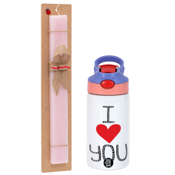 I Love You small dots, Easter Set, Children's thermal stainless steel water bottle with safety straw, pink/purple (350ml) & Easter scented flat candle (30cm) (PINK)