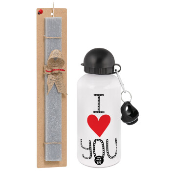 I Love You small dots, Easter Set, metallic aluminum water bottle (500ml) & aromatic flat Easter candle (30cm) (GRAY)