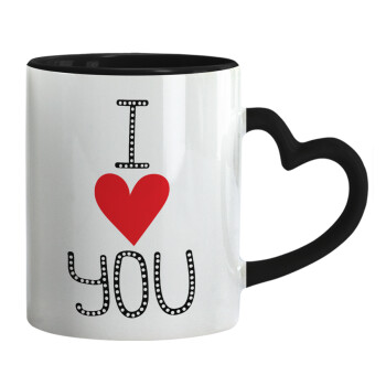 I Love You small dots, Mug heart black handle, ceramic, 330ml