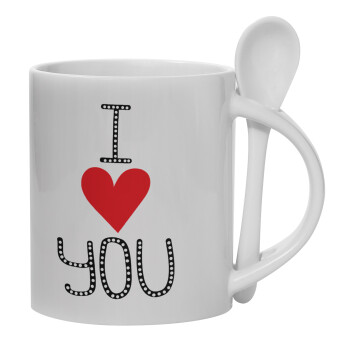 I Love You small dots, Ceramic coffee mug with Spoon, 330ml (1pcs)