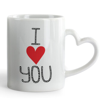 I Love You small dots, Mug heart handle, ceramic, 330ml