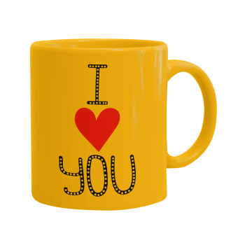 I Love You small dots, Ceramic coffee mug yellow, 330ml (1pcs)
