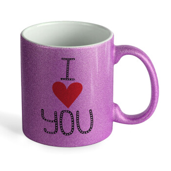 I Love You small dots, Κούπα Μωβ Glitter που γυαλίζει, κεραμική, 330ml