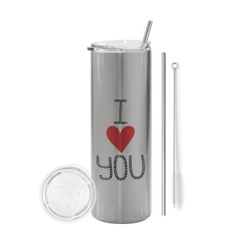 I Love You small dots, Eco friendly stainless steel Silver tumbler 600ml, with metal straw & cleaning brush