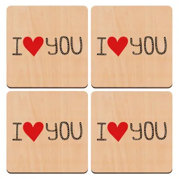 I Love You small dots, ΣΕΤ x4 Σουβέρ ξύλινα τετράγωνα plywood (9cm)