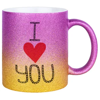 I Love You small dots, Κούπα Χρυσή/Ροζ Glitter, κεραμική, 330ml