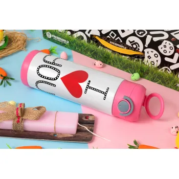 I Love You small dots, Πασχαλινή Λαμπάδα με Παιδικό παγούρι θερμό, ανοξείδωτο, με καλαμάκι ασφαλείας, ΡΟΖ (500ml)