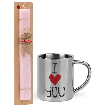 I Love You small dots, Easter Set, metallic thermal cup (300ml) & aromatic flat Easter candle (30cm) (PINK)