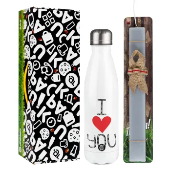 I Love You small dots, Easter candle, metallic white thermos bottle (500ml) & aromatic flat candle (30cm) (GRAY)