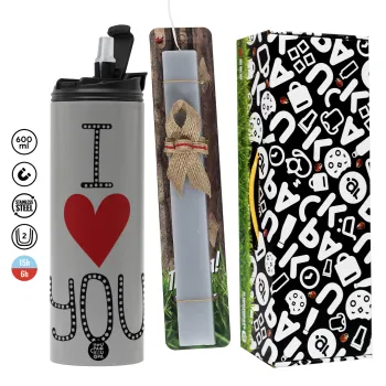 I Love You small dots, Πασχαλινή Λαμπάδα με Travel Tumbler θερμό (600ml, BPA free) & κερί αρωματικό πλακέ (30cm) (ΓΚΡΙ)