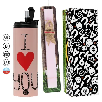 I Love You small dots, Πασχαλινή Λαμπάδα με  ΡΟΖ Travel Tumbler θερμό (600ml, BPA free) & κερί αρωματικό πλακέ (30cm) (ΡΟΖ)