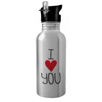 I Love You small dots, Water bottle Silver with straw, stainless steel 600ml
