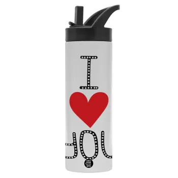 I Love You small dots, Μεταλλικό παγούρι θερμός με καλαμάκι & χειρολαβή, ανοξείδωτο ατσάλι (Stainless steel 304), διπλού τοιχώματος, 600ml