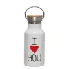 Metallic thermos (Stainless steel) White with wooden lid (bamboo), double-walled, 350ml
