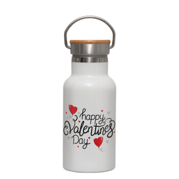 Happy Valentines Day!!!, Μεταλλικό παγούρι θερμός (Stainless steel) Λευκό με ξύλινο καπακι (bamboo), διπλού τοιχώματος, 350ml