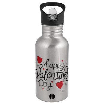 Happy Valentines Day!!!, Water bottle Silver with straw, stainless steel 500ml