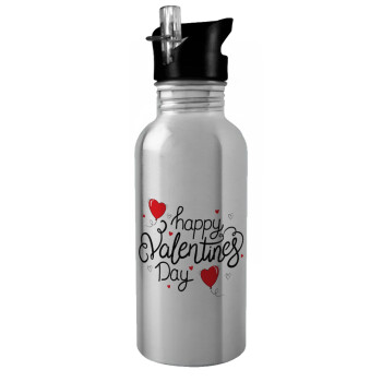 Happy Valentines Day!!!, Water bottle Silver with straw, stainless steel 600ml