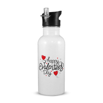 Happy Valentines Day!!!, White water bottle with straw, stainless steel 600ml