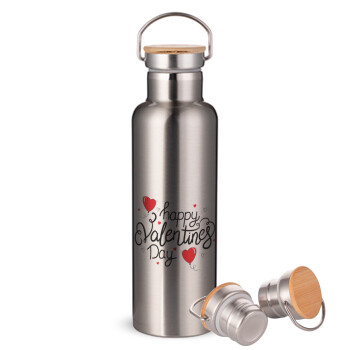 Happy Valentines Day!!!, Stainless steel Silver with wooden lid (bamboo), double wall, 750ml