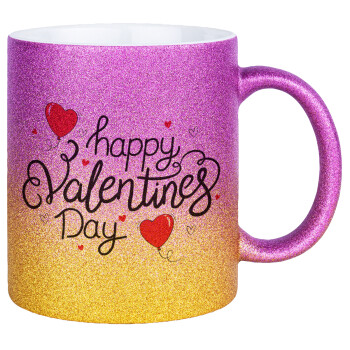 Happy Valentines Day!!!, Κούπα Χρυσή/Ροζ Glitter, κεραμική, 330ml