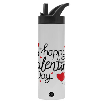 Happy Valentines Day!!!, Μεταλλικό παγούρι θερμός με καλαμάκι & χειρολαβή, ανοξείδωτο ατσάλι (Stainless steel 304), διπλού τοιχώματος, 600ml