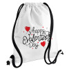 Happy Valentines Day!!!, Τσάντα πλάτης πουγκί GYMBAG λευκή, με τσέπη (40x48cm) & χονδρά κορδόνια