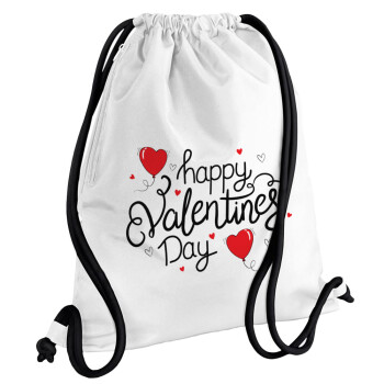 Happy Valentines Day!!!, Backpack pouch GYMBAG white, with pocket (40x48cm) & thick cords