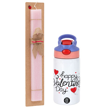 Happy Valentines Day!!!, Easter Set, Children's thermal stainless steel water bottle with safety straw, pink/purple (350ml) & Easter scented flat candle (30cm) (PINK)