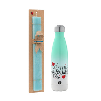 Happy Valentines Day!!!, Easter Set, Metallic green/white thermos (Stainless steel), double-walled, 500ml & scented flat Easter candle (30cm) (TURQUOISE)