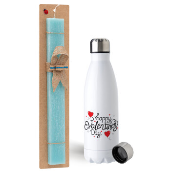 Happy Valentines Day!!!, Easter Set, metallic stainless steel water bottle (750ml) & aromatic flat Easter candle (30cm) (TURQUOISE)