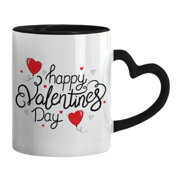 Happy Valentines Day!!!, Κούπα καρδιά χερούλι μαύρη, κεραμική, 330ml