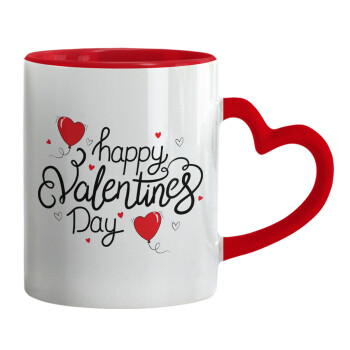Happy Valentines Day!!!, Κούπα καρδιά χερούλι κόκκινη, κεραμική, 330ml