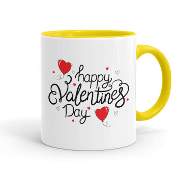 Happy Valentines Day!!!, Κούπα χρωματιστή κίτρινη, κεραμική, 330ml