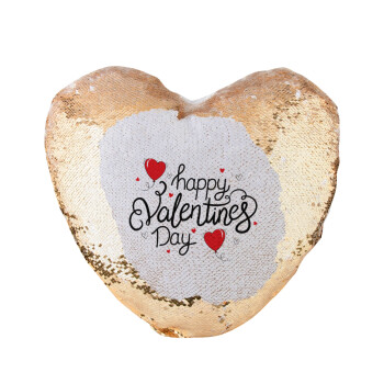 Happy Valentines Day!!!, Μαξιλάρι καναπέ καρδιά Μαγικό Χρυσό με πούλιες 40x40cm περιέχεται το  γέμισμα