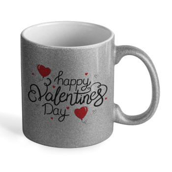 Happy Valentines Day!!!, Κούπα Ασημένια Glitter που γυαλίζει, κεραμική, 330ml