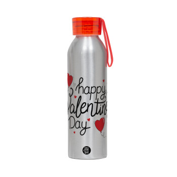 Happy Valentines Day!!!, Αλουμινένιο Αθλητικό Μπουκάλι 650ml – Ασημί με Κόκκινο Καπάκι και Λουράκι Σιλικόνης