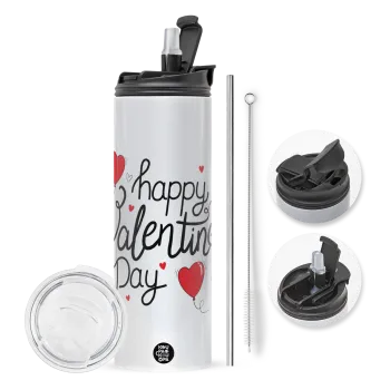 Happy Valentines Day!!!, Travel Tumbler 2 Lids, with metal straw & cleaning brush (Stainless steel 304 Food grade, BPA free, 600ml)