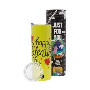 Happy Valentines Day!!!, Neon Yellow Travel Tumbler θερμό, μεταλλικό καλαμάκι(Ανωξείδωτο 304 Food grade, BPA free, 600ml)