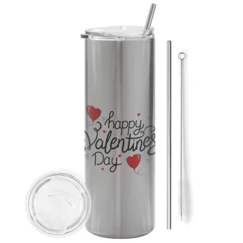 Happy Valentines Day!!!, Tumbler stainless steel Silver 600ml, with metal straw & cleaning brush