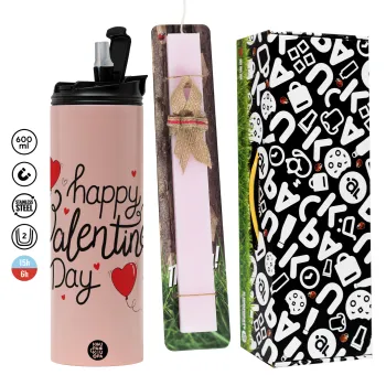 Happy Valentines Day!!!, Πασχαλινή Λαμπάδα με  ΡΟΖ Travel Tumbler θερμό (600ml, BPA free) & κερί αρωματικό πλακέ (30cm) (ΡΟΖ)