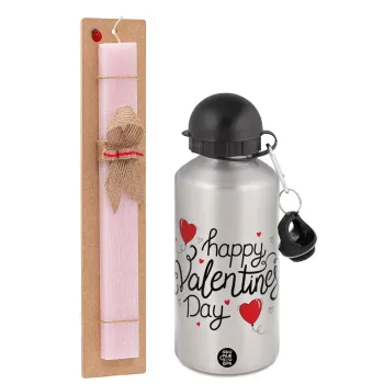 Happy Valentines Day!!!, Easter Set, metallic Silver aluminum water bottle (500ml) & scented flat Easter candle (30cm) (PINK)