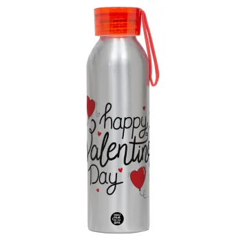 Happy Valentines Day!!!, Αλουμινένιο Αθλητικό Μπουκάλι 650ml – Ασημί με Κόκκινο Καπάκι και Λουράκι Σιλικόνης