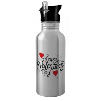 Happy Valentines Day!!!, Water bottle Silver with straw, stainless steel 600ml