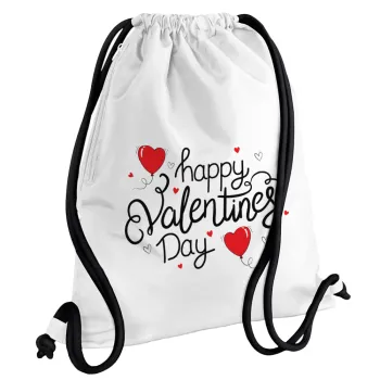 Happy Valentines Day!!!, Backpack pouch GYMBAG white, with pocket (40x48cm) & thick cords